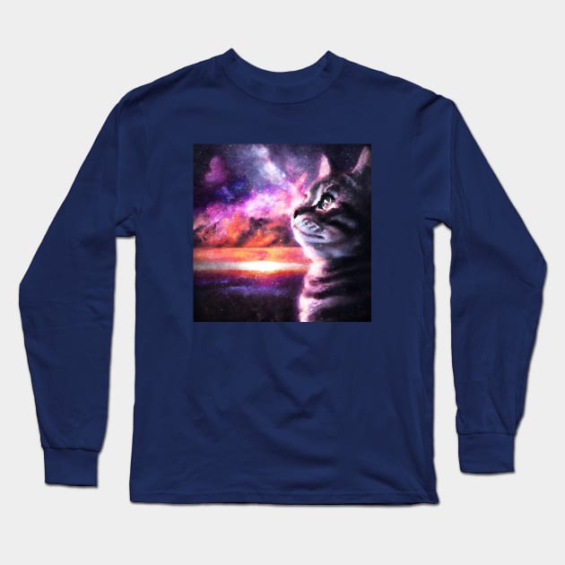 Tabby cat looking at nebula sky Long Sleeve T-Shirt by Off the Page